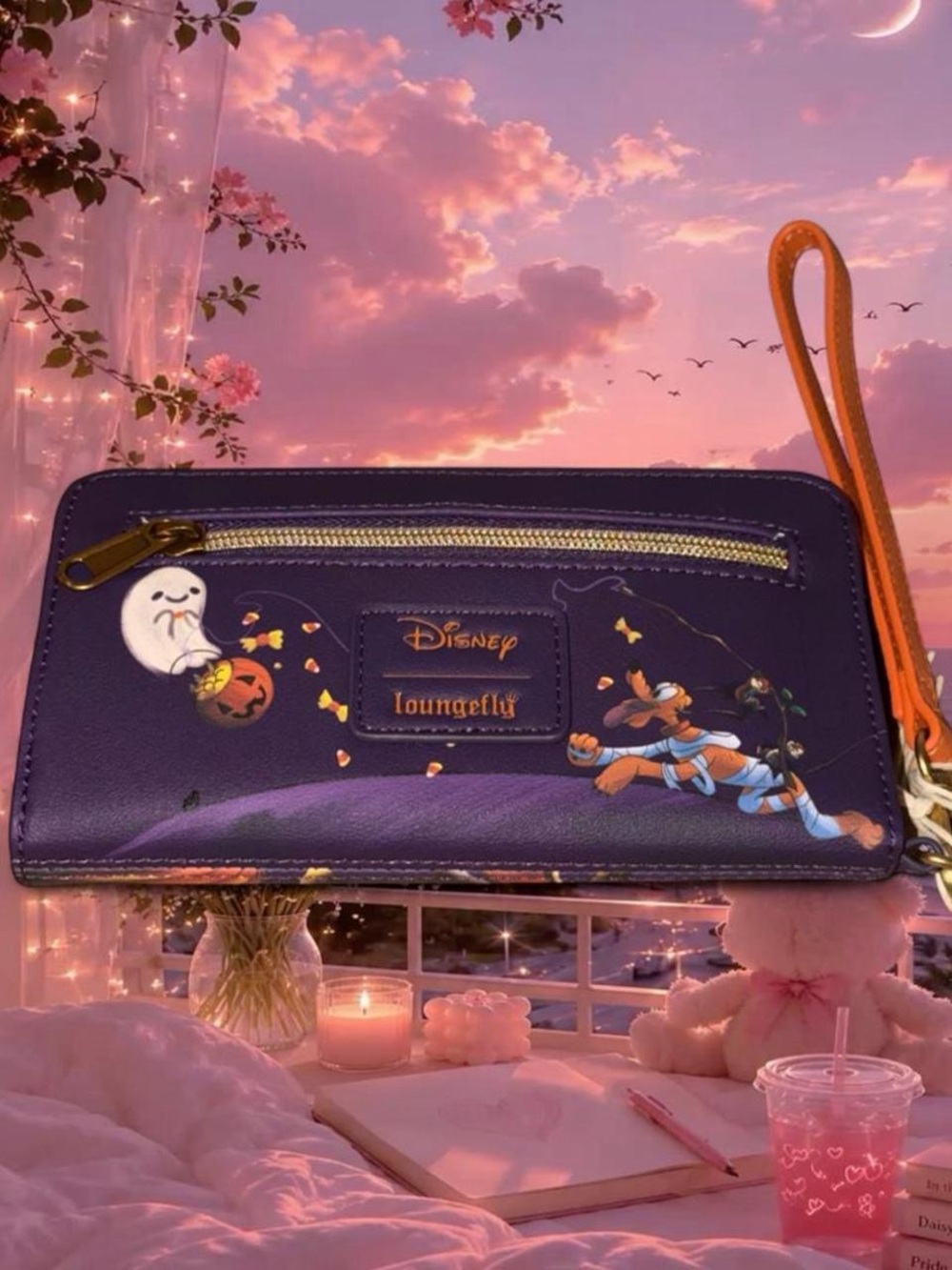 Loungefly Purple Halloween Character Wristlet Wallet with Orange Strap - Picture 2 of 4
